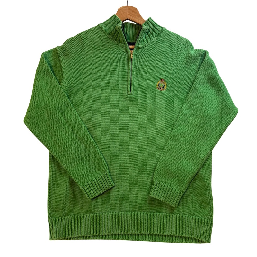 Lauren Ralph Lauren Men's Green Cotton Quarter Zip Sweater Crest Logo‎ Size M